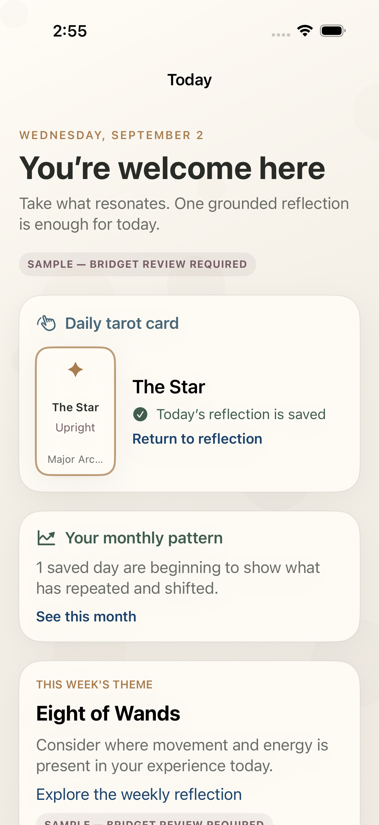 Native Touch Tarot Today screen showing a daily card and reflection prompt