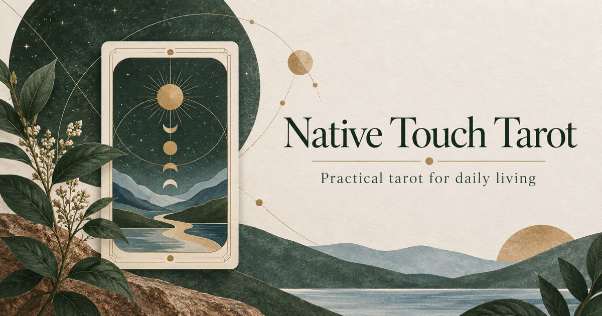 Native Touch Tarot landscape artwork in deep green, muted blue, warm cream, and gold